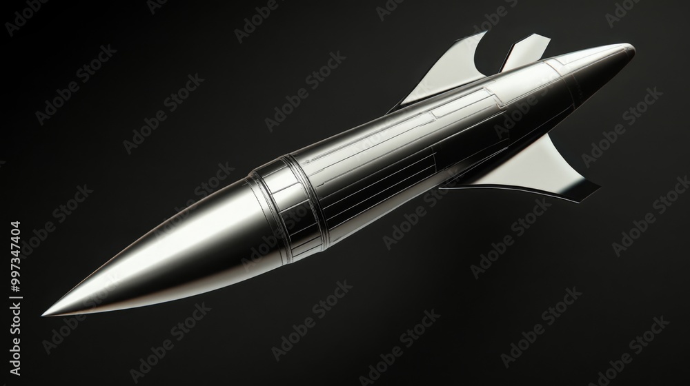 Fototapete a silver rocket model showcases its sleek design with a pointed tip and aerodynamic body. the dark b