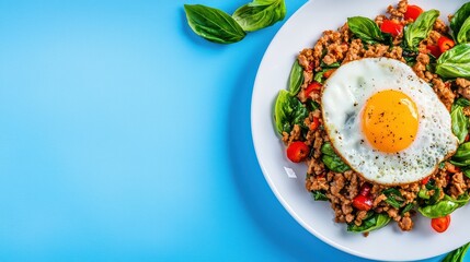 Delicious meal with egg, vegetables, and herbs on a blue background.