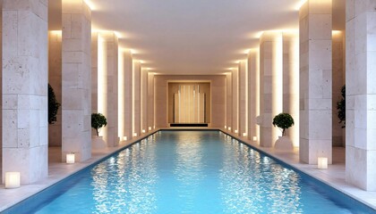Fototapeta premium Tranquil indoor pool with elegant lighting and serene atmosphere, perfect for relaxation and leisure in a modern spa.
