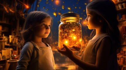 Two Young Girls Sharing a Moment of Wonder with Fireflies in a Jar