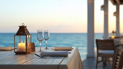 A romantic outdoor dining setup by the sea, featuring a candlelit lantern and elegant glasses, perfect for sunset meals.
