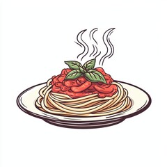 Delicious spaghetti with tomato sauce and basil, plated and steaming.