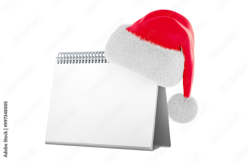 Poster empty desk calendar mockup with santa claus red christmas hat, 3d rendering isolated on transparent 
