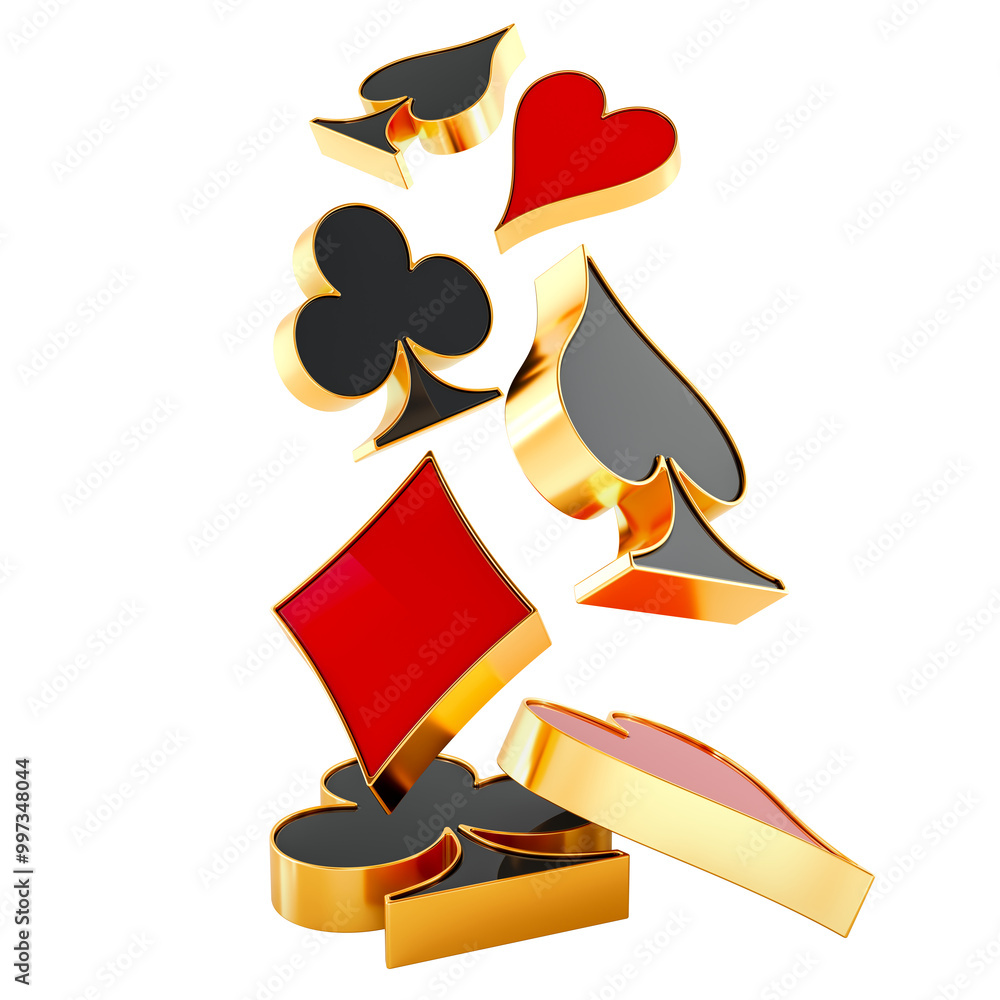 Poster card suits falling down, 3d rendering isolated on transparent background