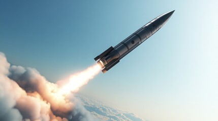 A rocket ascends rapidly into the clear blue sky, generating a trail of smoke and flames as it takes off from the launch pad