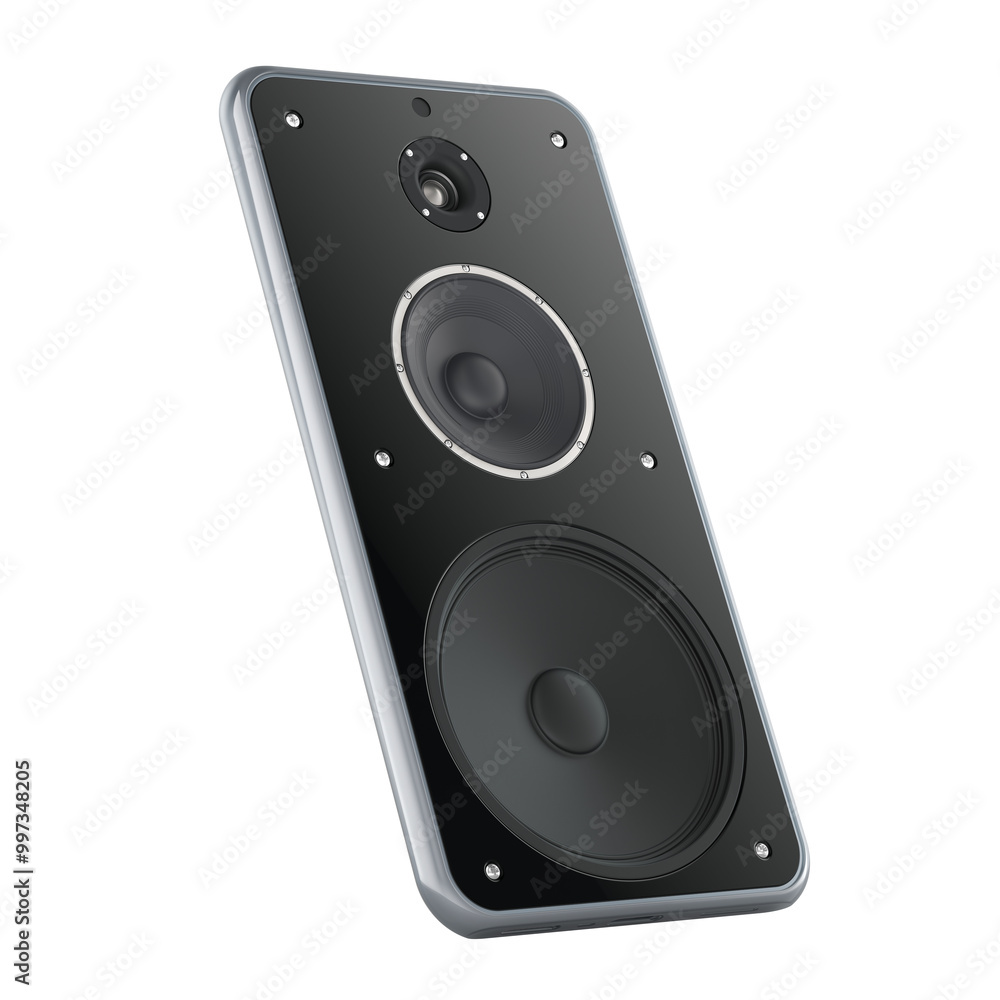 Poster smartphone with loudspeakers. 3d rendering isolated on transparent background