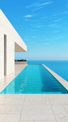 Obraz premium A stunning infinity pool overlooking a serene blue ocean, perfect for luxury living and relaxation in modern architecture.