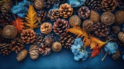 Fototapeta premium Autumnal Pine Cones and Leaves on a Blue Background