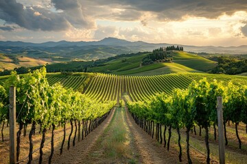 Naklejka premium Vineyard with rolling hills. This photo can be used for wine-related projects or to showcase beautiful landscapes.