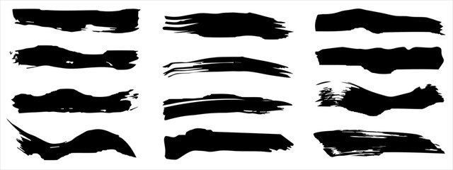 Vector collection of artistic grungy black paint hand made creative brush stroke set isolated on banner background. A group of abstract grunge sketches for design education or graphic art decoration