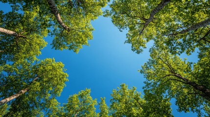 Beneath a lush canopy, tall trees with vibrant green leaves stretch upwards, illuminated by the bright blue sky, creating a tranquil atmosphere in the forest