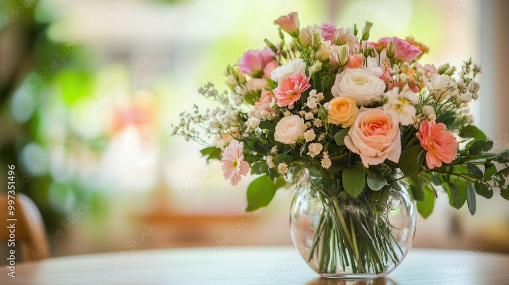 Poster a vibrant bouquet featuring various mixed flowers sits elegantly in a clear glass vase atop a light 