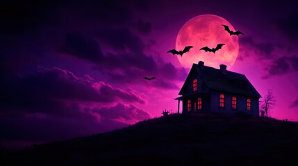 Haunted house silhouette under a full moon with bats, eerie atmosphere, purple night sky.