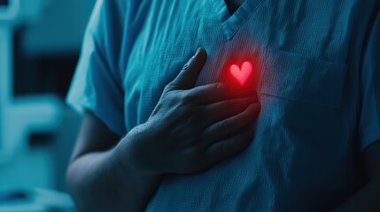 Healthcare worker with heart symbol glowing on their chest.