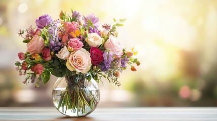 Fototapeta premium A stunning arrangement of colorful flowers in a glass vase on a light wood table, brightening up the indoor atmosphere. Generative AI