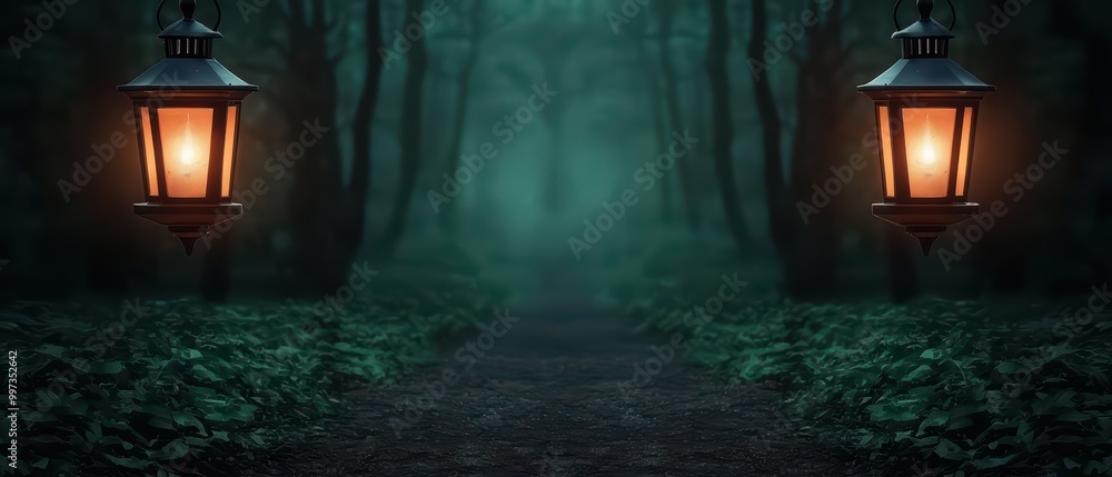 Poster mysterious forest path illuminated by lanterns in a foggy atmosphere.