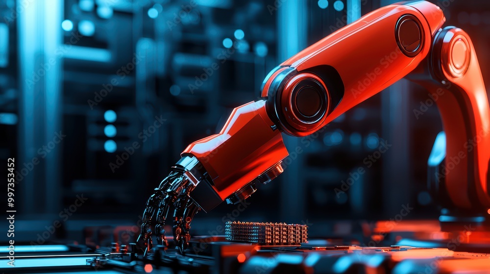 Poster red robotic arm interacting with electronic components in a futuristic setting.