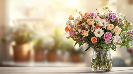 A vibrant bouquet of mixed flowers fills a clear vase on a light wood table, bringing a cheerful touch to the warm indoor atmosphere. Generative AI