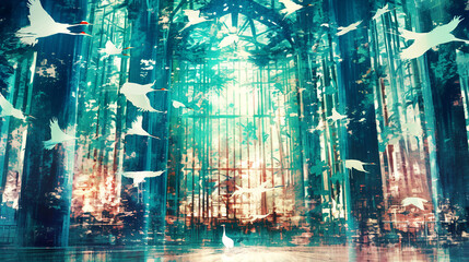 Crane, bamboo, Japanese pattern, Japan, tradition, typical, Japanese art, Japanese painting, ink painting, sumi-e, ukiyo-e, auspicious, happiness, silence, wabi-sabi, art, beautiful,