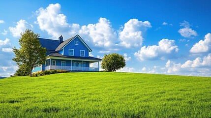 Obraz premium Blue house on a green hill under a sunny sky.