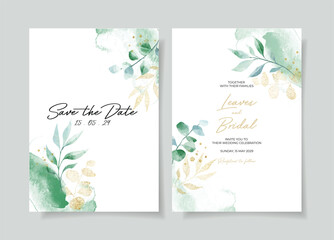 Beautiful abstract green watercolor wedding invitation card template with leaves decoration. Gold leaves decoration.