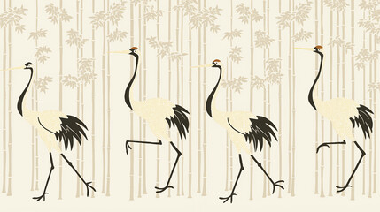 Fototapeta premium Crane, bamboo, Japanese pattern, Japan, tradition, typical, Japanese art, Japanese painting, ink painting, sumi-e, ukiyo-e, auspicious, happiness, silence, wabi-sabi, art, beautiful,