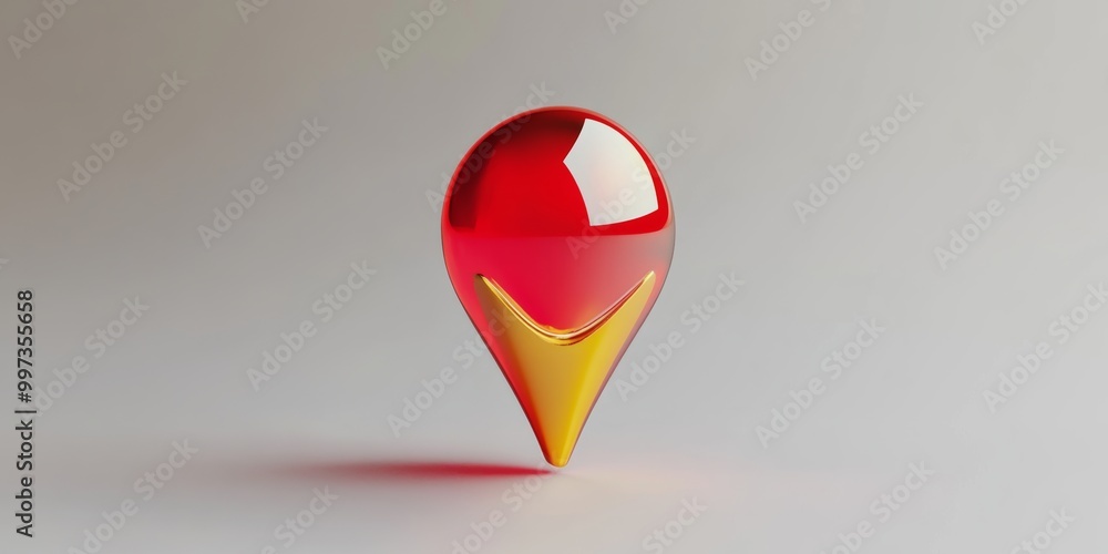 Poster a glossy three-dimensional shopping pin icon in vibrant red and gold, designed with a minimalistic a