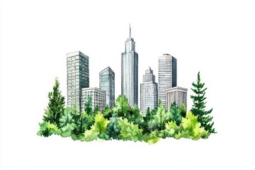 Obraz premium Urban skyline surrounded by lush green trees on a white isolated background.