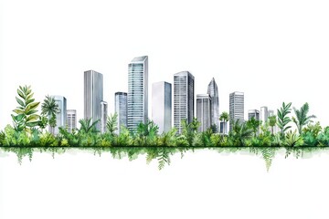 Obraz premium Urban skyline with lush greenery, white isolated background.