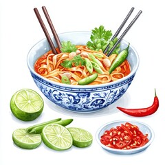Vibrant bowl of noodles garnished with lime, chili peppers, and fresh herbs.