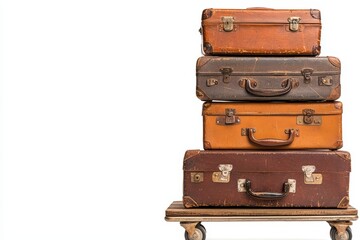 Vintage stacked suitcases on a wooden cart, white isolate background.