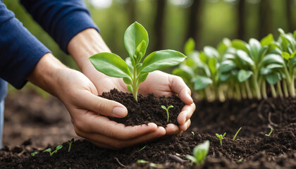 Plants seedlings into the ground using hands
