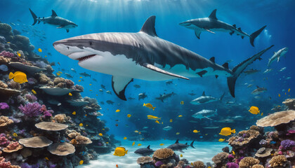 Fototapeta premium School of Sharks Underwater Scene