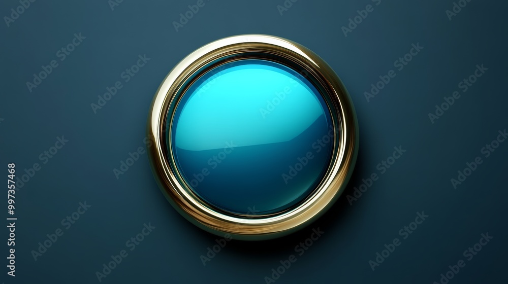 Poster a realistic 3d round button with a glossy finish, colored in vibrant blue and metallic gold, designe
