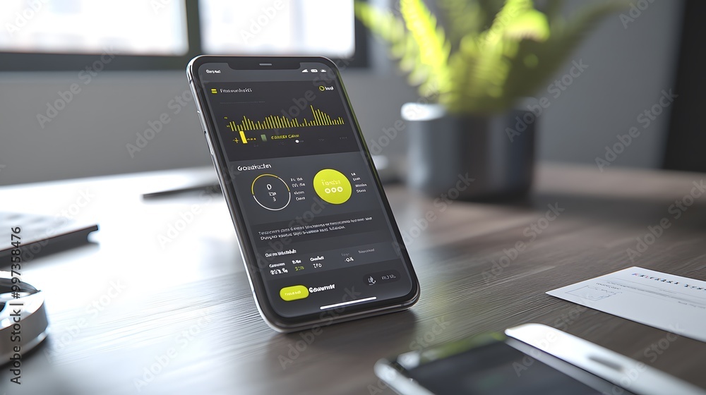 Poster smartphone on a desk with data displayed on the screen
