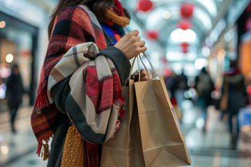 Woman Carrying Shopping Bag in Mall Made of Recycled Paper for Black Friday Deals with Store Promotions and Copyspace