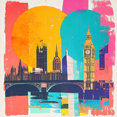 Brightly colored retro 1980s risograph art collage of London icons with shapes and patterns in bright colors.