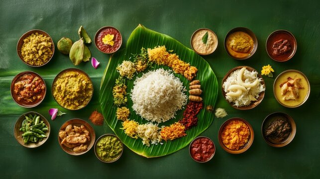 A colorful assortment of dishes filled with authentic flavors is presented on a banana leaf, celebrating the rich traditions of Onam sadhya during the festive season