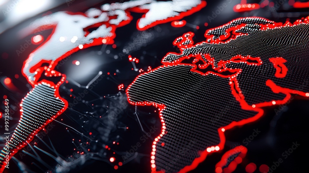 Aufkleber close-up view of a digital world map with red highlights.