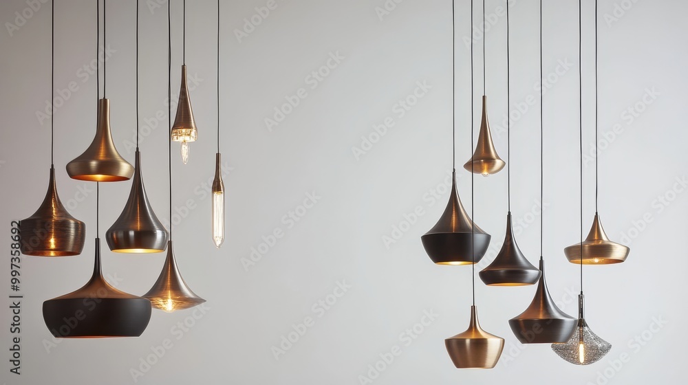 Poster a collection of sleek hanging lamps in diverse shapes and finishes is suspended from the ceiling, cr