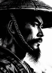 black and white portrait of a samurai