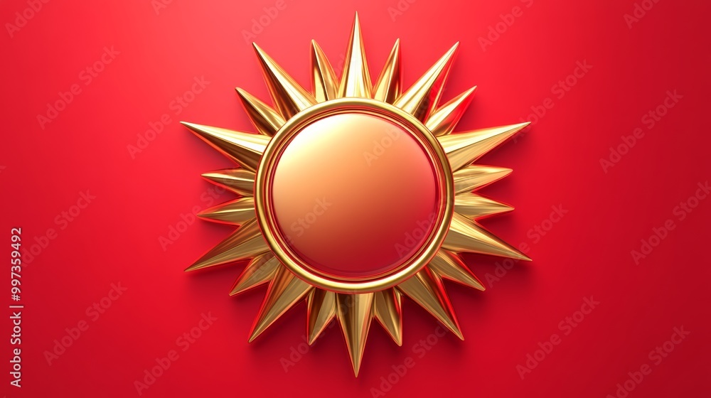 Poster a vibrant badge icon in a starburst shape, rendered in glossy red and gold, with a blank center for 