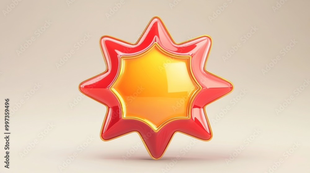 Poster a vibrant badge icon in a starburst shape, rendered in glossy red and gold, with a blank center for 