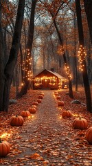 Cozy cabin path adorned with pumpkins and lights.