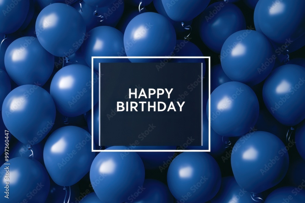 Poster a square frame on a background of blue balloons, text reading 
