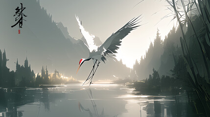 Obraz premium Crane, bamboo, Japanese pattern, Japan, tradition, typical, Japanese art, Japanese painting, ink painting, sumi-e, ukiyo-e, auspicious, happiness, silence, wabi-sabi, art, beautiful,