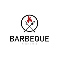 Barbeque logo design bar restaurant hot grill fire logo and spatula simple illustration