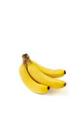 Three yellow bananas are sitting on a white background