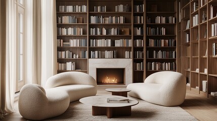 Cozy reading nook with books and fireplace.