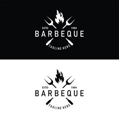 Barbeque logo design bar restaurant hot grill fire logo and spatula simple illustration